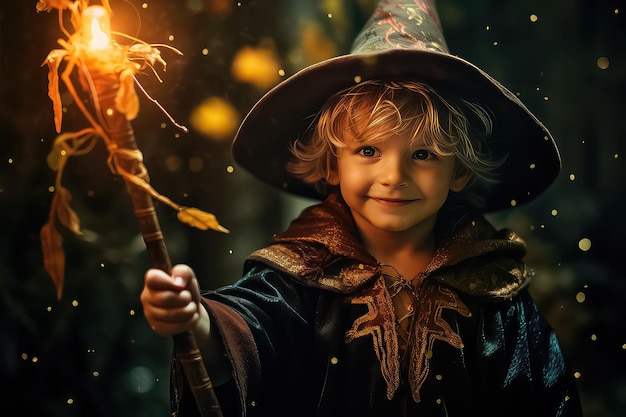 Cheerful Child in a wizard costume holding a magic staff