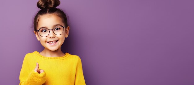 Photo cheerful child in yellow dress happily points at copyspace on purple background