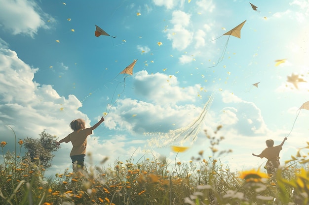 사진 활기찬 어린이 들 이 바람 이 부는 들판 에서 날개 를 날리고 있다