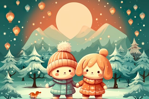 cheerful children playing in snow field winter illustration generative ai