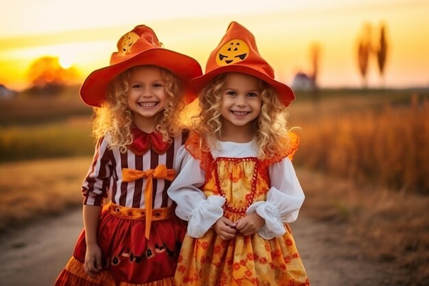 Cheerful children and pumpkins on sunset background