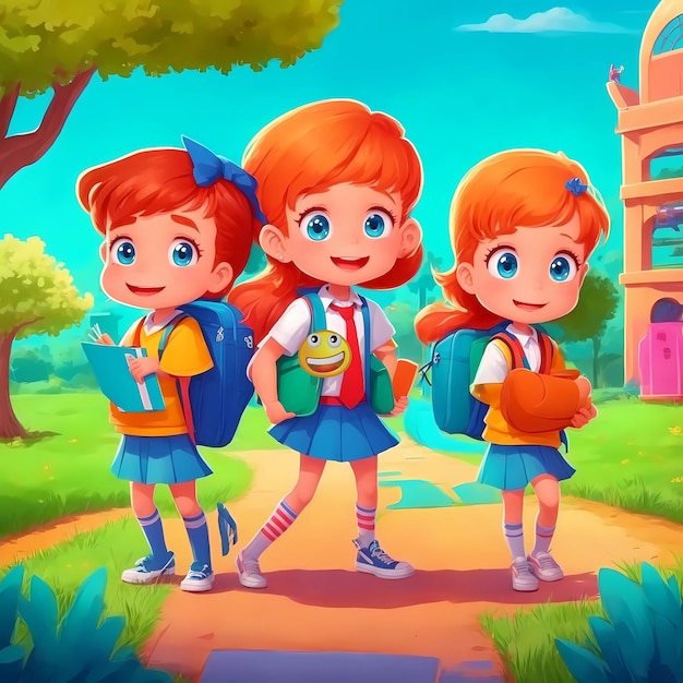 Cheerful Children at School Cartoons