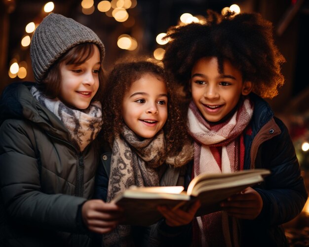 Cheerful children sing carols on the street