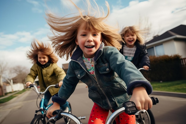 Photo cheerful childrenscyclist riding bicycle outdoor during daylight