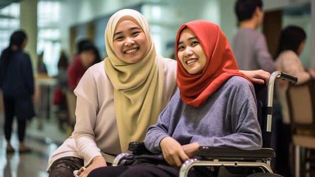 Photo a cheerful chinese young lady on the wheelchair accompanied by her mom standing next to it in a mod