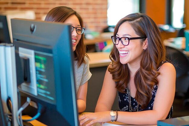 Cheerful colleagues working together at desk