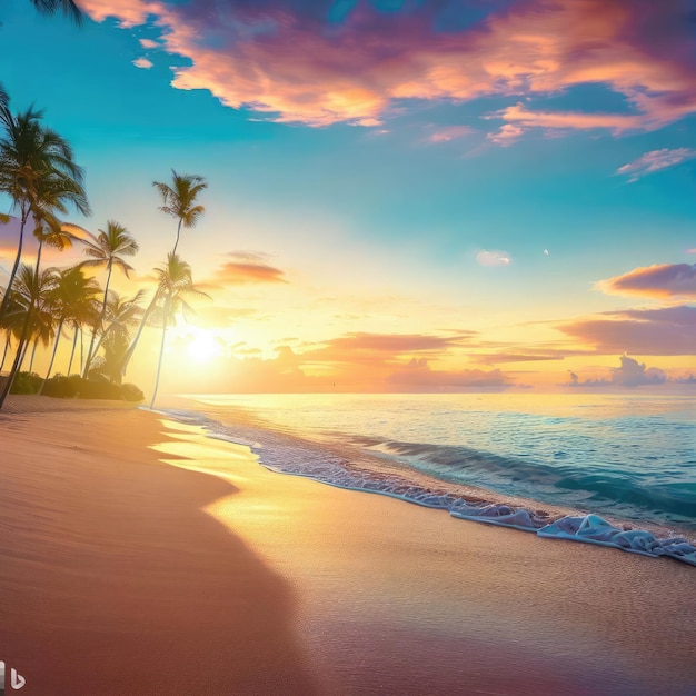 Cheerful colorful beach sunset with pastel tones and palm trees