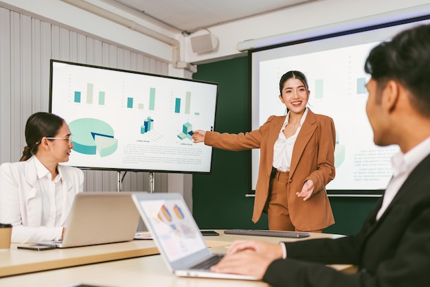 A cheerful and confident Asian businesswoman stands present bar charts data from projector screen to her office colleagues Asian business women leader role at the meeting