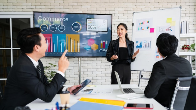 A cheerful and confident Asian businesswoman stands present bar charts data from a whiteboard to her office colleagues Asian business women leader role at the meeting