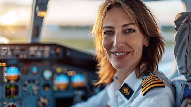 Cheerful and confident female pilot in uniform sitting in cockpit and looking at camera