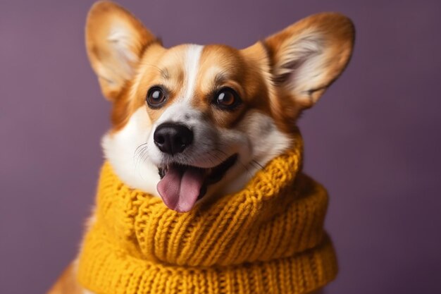 編み物 の 黄色い スカーフ を 着 て いる 陽気 な コルギー 犬 は 幸福 を 放射 し て い ます