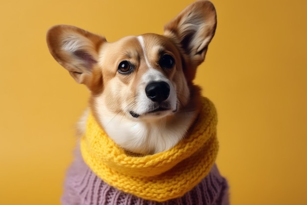 編み物 の 黄色い スカーフ を 着 て いる 陽気 な コルギー 犬 は 幸福 を 放射 し て い ます