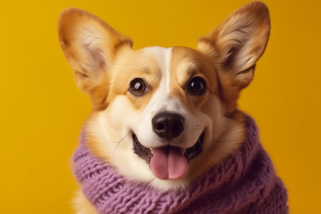 Cheerful corgi in a knitted yellow scarf radiating happiness