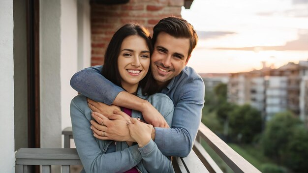 Cheerful couple hugging on balcony