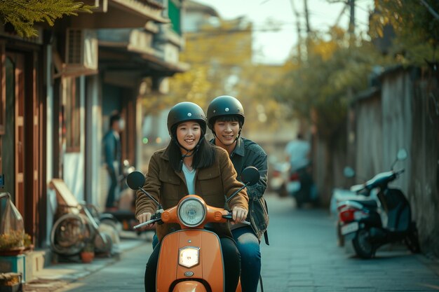 Cheerful Couple on Scooter Enjoying City Ride with AI generated