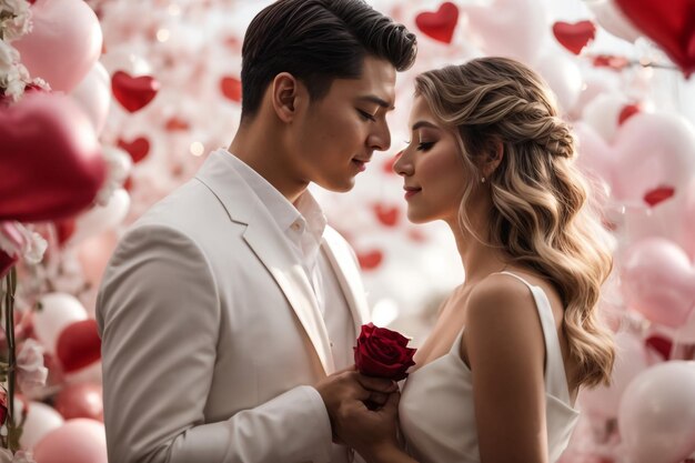 cheerful couple sitting on the bed face to face with champagne glasses celebrating st valentines day together