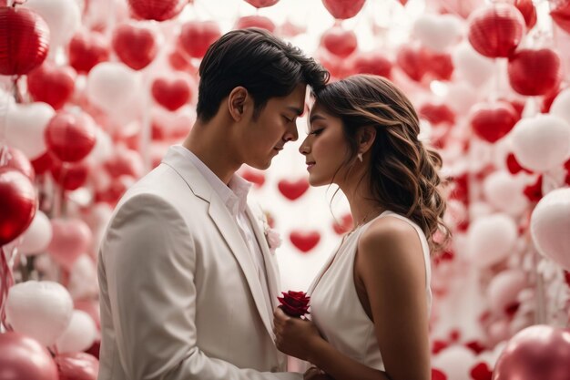 cheerful couple sitting on the bed face to face with champagne glasses celebrating st valentines day together