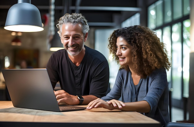 Cheerful couple using a laptop at night in a coffee shop