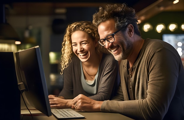 Cheerful couple using a laptop at night in a coffee shop