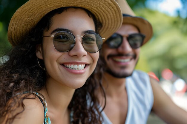 Cheerful couple wearing sunglasses and hats enjoying a sunny day outdoors smiling at the camera