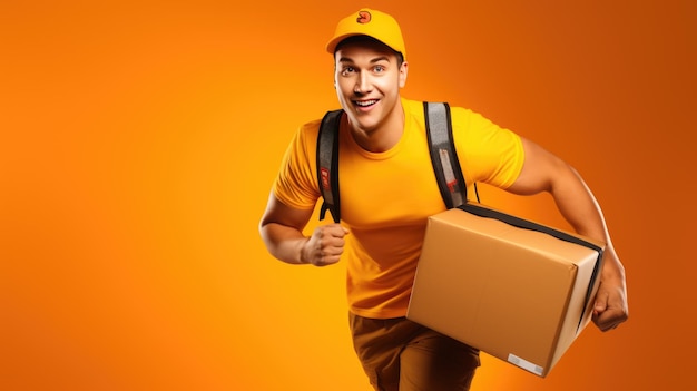 Cheerful courier in a yellow uniform and cap is energetically running to deliver a package against an orange background