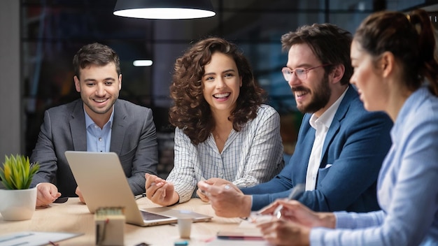 Cheerful coworkers at table with gadgets