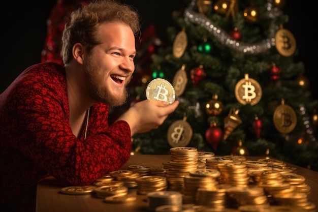 A cheerful crypto trader holds bitcoin in his hands against the background of a New Year and Christmas tree