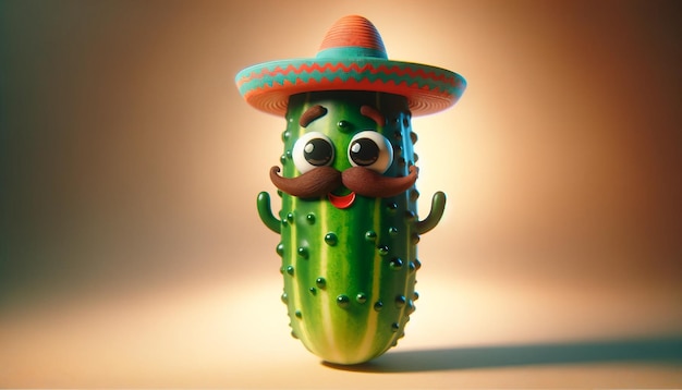 Photo cheerful cucumber character colorful sombrero playful pose