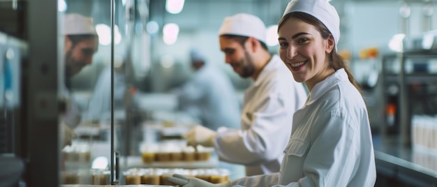 Cheerful culinary professionals diligently preparing desserts in a bright modern food production line
