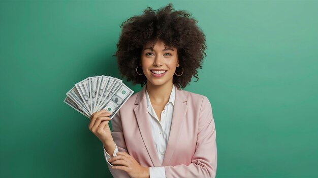 Photo cheerful curly business girl holding money