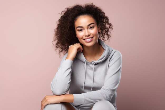 Cheerful curly hair girl smiling in a pink background Generative AI