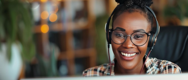 Cheerful customer service representative with headset smiling during a call