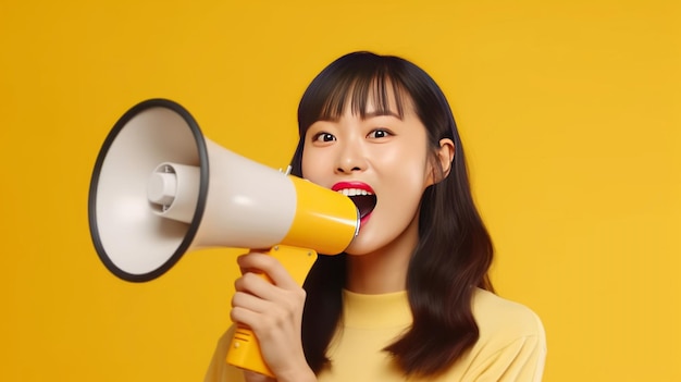 Cheerful of cute asian woman holding megaphone making announcement