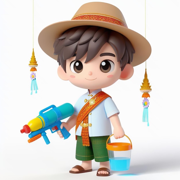 Cheerful and cute boy character holding water gun for Khmer New Year or Songkran Illustration