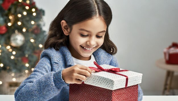 Foto un ragazzo carino e allegro sta aprendo il suo regalo di natale buon natale e buone feste