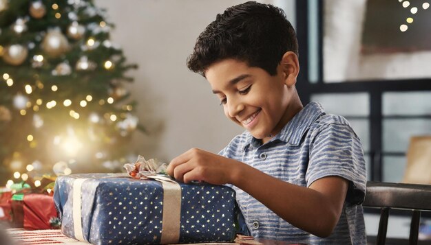 Foto un ragazzo carino e allegro sta aprendo il suo regalo di natale buon natale e buone feste