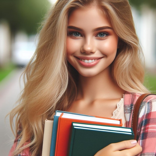 Cheerful cute girl carrying books