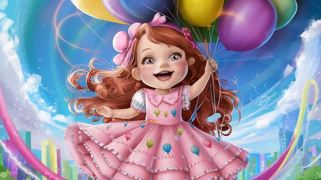 Cheerful cute girl with long curly hair in red dress holding air balloons