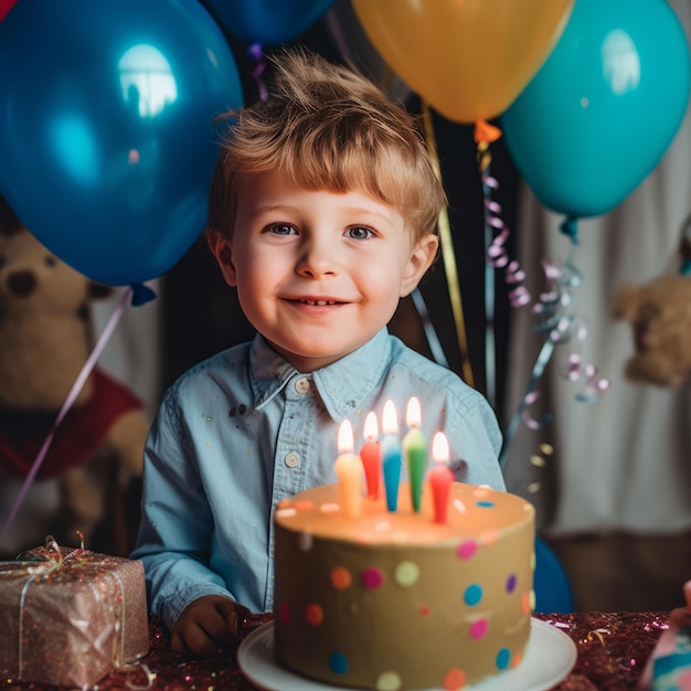 Photo cheerful cute kid portrait little boy's birthday bash with cake balloons and birthday garlands