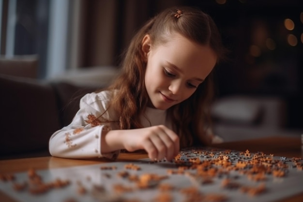 Cheerful cute little girl lying on the table while playing with jigsaw puzzles