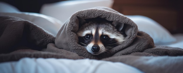 Cheerful cute racoon lying on white blanket exotic domestic pet concept