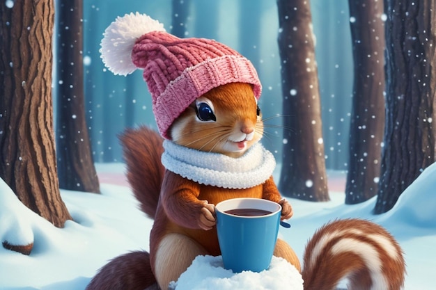 cheerful cute squirrel in a knitted hat drink