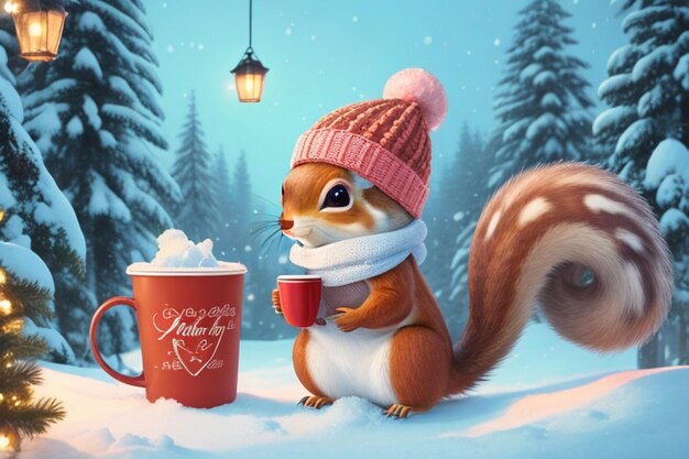 cheerful cute squirrel in a knitted hat drink