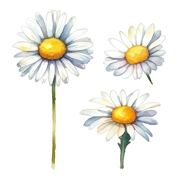 A cheerful daisy white petals and sunny yellow center watercolor and ink illustration generative ai