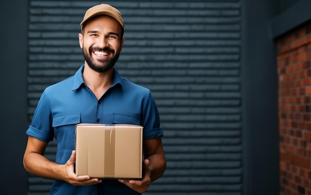 Cheerful Delivery Guy with Box in Hand AI