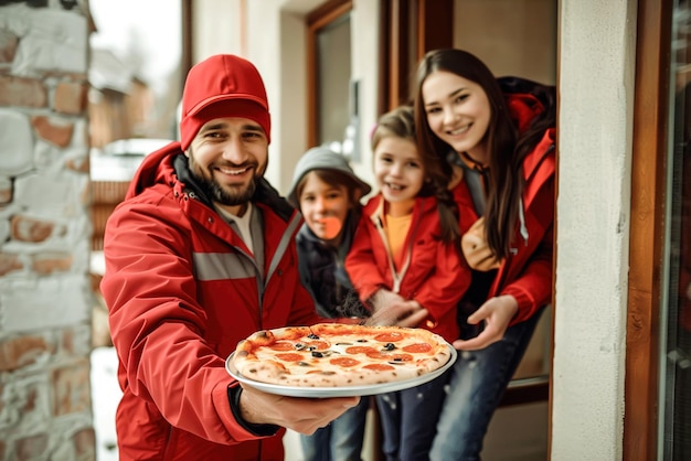 陽気な配達員が入り口の笑顔の家族に蒸し上がるピザを手渡している