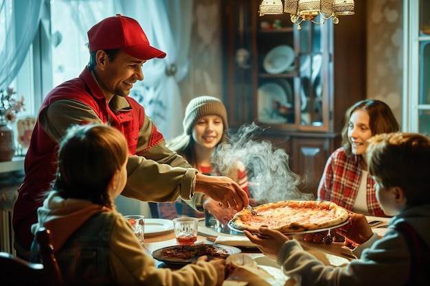 Веселый доставщик передает парящую пиццу улыбающейся семье, собравшейся вокруг.