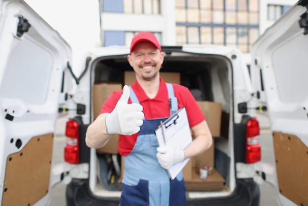 Photo cheerful delivery service worker show thumbs up gesture in front of car