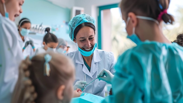 Cheerful dentist and her little patient in the dental clinic