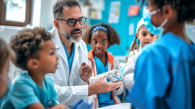 Photo cheerful dentist showing a little girl and boy some dental instruments